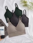 3PCS Solid Seamless Ribbed Wireless Cami Bra Sexy Comfy Push Up Bra Women's Lingerie & Underwear