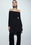 Gathered Off-the-shoulder Dress - Black Spotted