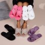 Winter Crisscross Band Plush Slippers Solid Color Open Toe Slip On Flat Fuzzy Shoes Cozy & Warm Home Slippers