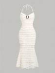 Ruffle Hem Halter Neck Dress Elegant Bodycon Backless Halter Dress For Spring & Summer Women's Clothing