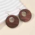 Brown Color Hollow Round Dangle Earrings Retro Simple Style Wooden Jewelry Versatile Ornaments For Women