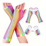 Rainbow Gradient Fishnet Gloves Long short Hollow Out Fingerless Gloves Party Prom Decorative Gloves For Women