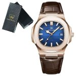 Luxury Quartz Watch For Man - Blue Dial Rose Gold Case Leather Strap