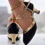 Women's Glitter D'Orsay Latin Dance Shoes Crisscross Buckle Strap Chunky Mid Heels All-Match Dress Dance Pumps