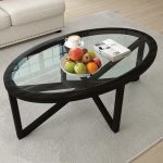 Polibi Modern Oval Glass Coffee Table Solid Wood Base Tempered Glass Coffee Tables For Living Room Black