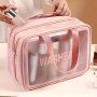 Simple Style Transparent Letter Print Durable Travel Toiletry Bag With Zipper Closure And Double Handles Foldable And Lightweight Makeup Organizer For Daily Use And Travel