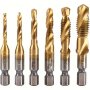 6PCS Titanium Drill Tap Bit Set - M3-M10 Metric Sizes For Precision Screw Tapping & Countersinking Durable High-speed Steel With Easy 1/4" Hex Shank