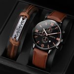2PCS SET Men's Brown Pu Strap Disc Dial Casual Calendar Quartz Watch & Rope Bangle Set