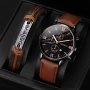 2PCS/SET Men's Brown Pu Strap Disc Dial Casual Calendar Quartz Watch & Rope Bangle Set