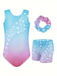 Girls 3PCS SET High Stretch Gymnastics Outfit Stars Pattern Gradient Color Leotard & Shorts & Hairband