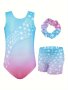 Girls 3PCS/SET High Stretch Gymnastics Outfit Stars Pattern Gradient Color Leotard & Shorts & Hairband