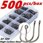 100 500PCS Strong Carbon Steel Fishing Hooks Sharp Circle Single Hooks With Barb Fishing Accessories No. 3-12
