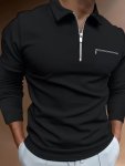 Solid Color Men's Comfy Long Sleeve Zipper Lapel Shirt With Chest Pocket Spring Fall Men's Pullover Top