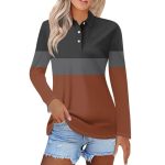 Polo Shirts For Womens V Neck Lapel Long Sleeve Tops With Collar Button Fall Loose Golf Casual Business Tunic BLOUSES3-BROWN XL