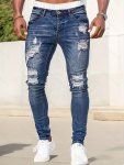 Slim Fit Ripped Jeans Men's Casual Street Style Distressed Medium Stretch Denim Pants