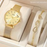 1SET Ladies Watch Golden Mesh With Casual Quartz Watch And Love Bracelet Accessories Set Giving Best Gift Sets