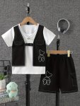 2PCS Boys Casual Fake Two-piece Bear Print Short Sleeve Cargo T-Shirt & Shorts Set Cool Lightweight And Comfy Summer Clothes