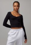Mia Gathered V Neck Long Sleeve - Black