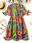 Plus Size Allover Print Dress Casual Tied Short Sleeve Lapel Neck Button Front Dress For Spring & Summer Women's Plus Sizeclothi