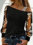 Asymmetric Neck Floral Embroidered T-Shirt Elegant Long Illusion Sleeve Top For Spring & Summer Women's Clothing