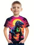 Cartoon Sunset Dinosaur - Engaging Visuals With 3D Effect T-shirts For Boys - Cool Lightweight And Comfy Summer Clothes