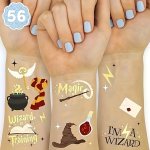 Wizard Themed Temporary Tattoos 56 Designs 2 Sheets - Shimmering Golden Foil Magic Owl Wand Hat Party Tattoos - Paper No Electri