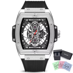 - Men Luxury Silicone Strap Hollow Tonneau Watch - Black Silver