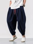Men's Casual Solid Comfy Harem Pants With Drawstring Hip Hop Style Trousers For Spring And Autumn