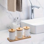 3PCS Cotton Swab Holder With Tray Plastic Bathroom Jar Containers With Lid Restroom Bathroom Canister Vanity Makeup Organizer Fo