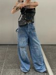 Zipper Multi Pocket Baggy Wide Leg Jeans Loose Street Style Washed Blue Ring Carpenter Denim Pants Women's Denim Jeans & Clothin