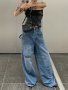 Zipper Multi Pocket Baggy Wide Leg Jeans Loose Street Style Washed Blue Ring Carpenter Denim Pants Women's Denim Jeans & Clothing