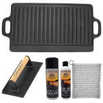 Lifespace Reversible Griddle Pan Cast Iron Meat bacon Press & Cast Iron Care & Protect Bundle