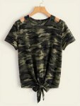 Camo Print Knot Hem Crew Neck T-Shirt Cut Out Short Sleeve T-Shirt For Spring & Summer Women's Clothing