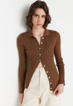 Brown Ribbed Polo Collar Cardigan