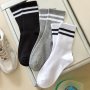 3 Pairs Of Men's Trendy Striped Pattern Crew Socks Breathable Comfy Casual Unisex Socks For Men's Outdoor Wearing All Seasons Wearing