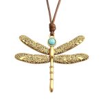 Popeoiuh Leather Necklace For Women Gold Alloy Dragonfly Pendant Necklaces Insect Turquoise Choker