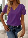 Scallop Trim V Neck Top Elegant Solid Color Short Sleeve Top For Spring & Summer Women's Clothing