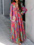 Plus Size Floral Print Maxi Dress Elegant Ruffle V Neck Long Sleeve Dress For Spring & Fall Women's Plus Size Clothing