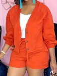 Plus Size Simple Solid Two-piece Set Long Sleeve Buttons Top & Shorts Outfits Women's Plus Sizeclothing