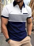 Men's Color Block Stripe Graphic Print Golf Shirt Casual Short Sleeve Shirt For Summer Outdoor