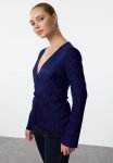 Pleat Detailed Double Breasted Ruffle V Neck Blouse - Navy