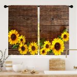 Rustic Sunflower Print Kitchen Curtain Tiers - Set Of 2 Classic Style Polyester Rod Pocket Window Treatments Light-filtering Bru