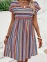 Striped V-neck Dress Vacation Style Short Sleeve Loose Fit Dress For Beach Vacation Women's Clothing