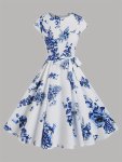 Chinoiserie Floral Print Dress Elegant Crew Neck Short Sleeve Tie Waist Dress For Spring & Summer Women's Clothing For Elegant D