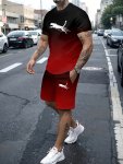 2PCS Men's Gradient Summer Clothing Including Men's Short Sleeve Round Neck T-Shirt And Elastic Waist Shorts With Pockets
