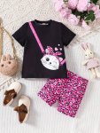 Sweet Kitty Print 2-PIECE Girl's Short Sleeve Tee + Shorts Set - Versatile Comfy For Summer Casual Wear Gift Idea