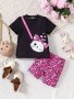 Sweet Kitty Print 2-Piece Girl's Short Sleeve Tee + Shorts Set - Versatile Comfy For Summer Casual Wear Gift Idea