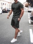 Men's 2PCS Set Of Solid Color Top And Shorts Crew Neck And Short Sleeve T-Shirt And Shorts With Drawstring And Pockets Casual An