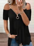 Solid Color Cold Shoulder T-Shirt Casual Zipper Front Chain Short Sleeve T-Shirt For Spring & Summer Women's Clothing