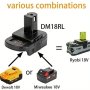 DM18RL Battery Adapter For Dewalt For Milwaukee 20V/18V Li-ion Battery Convert To For Ryobi 18V P108 ABP1801 Battery With USB Port